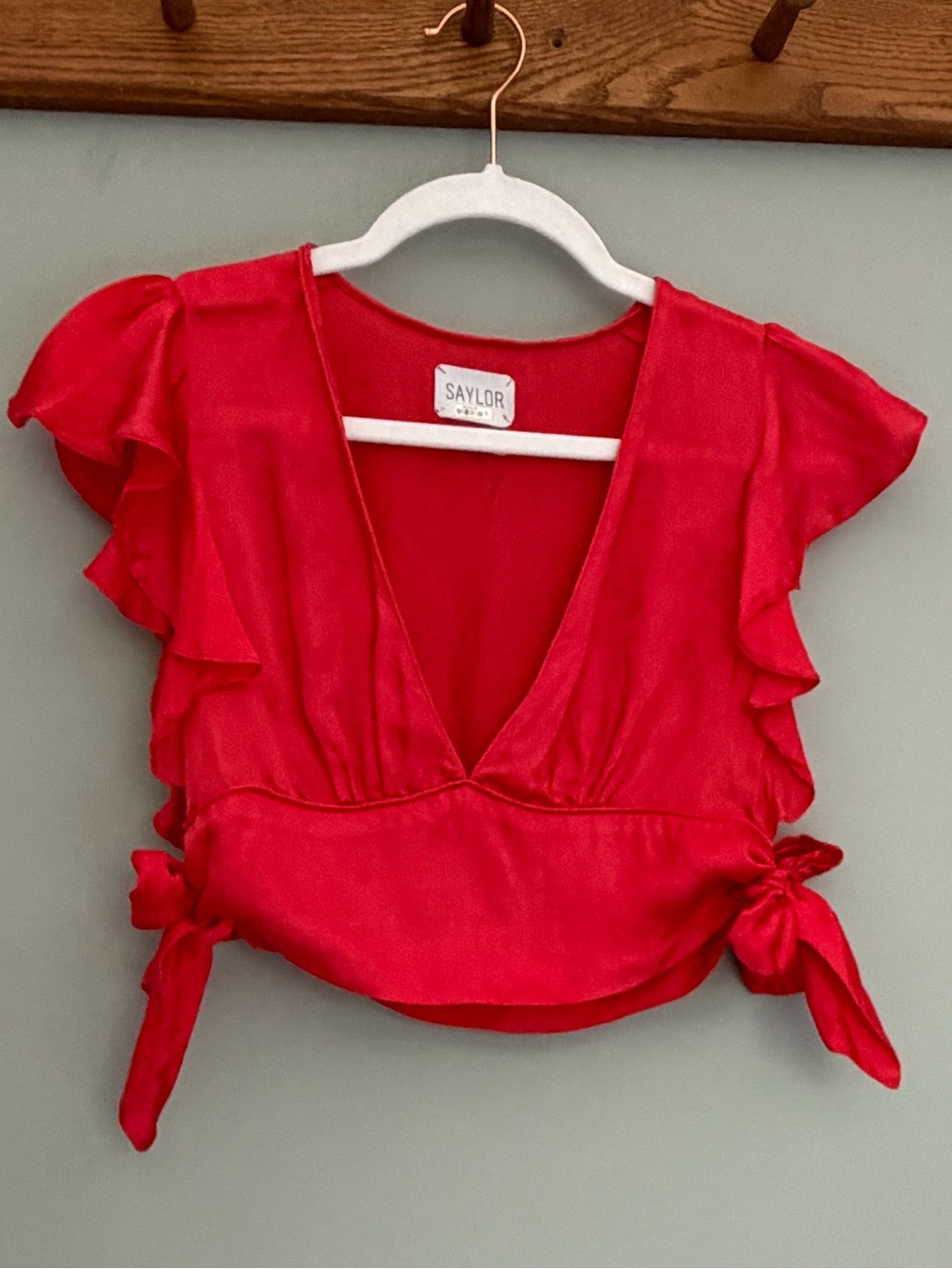 Saylor Vibrant Red Silky Adjustable Side Tie V-Neck Crop Ruffle Cap Sleeve Top